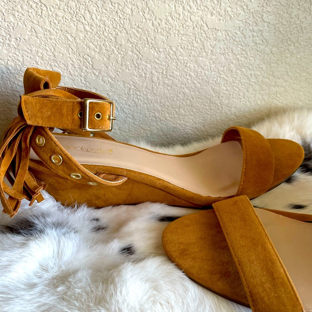 ShoeDazzle faux-suede upper, open adjustable sling back wedge heels with fringe